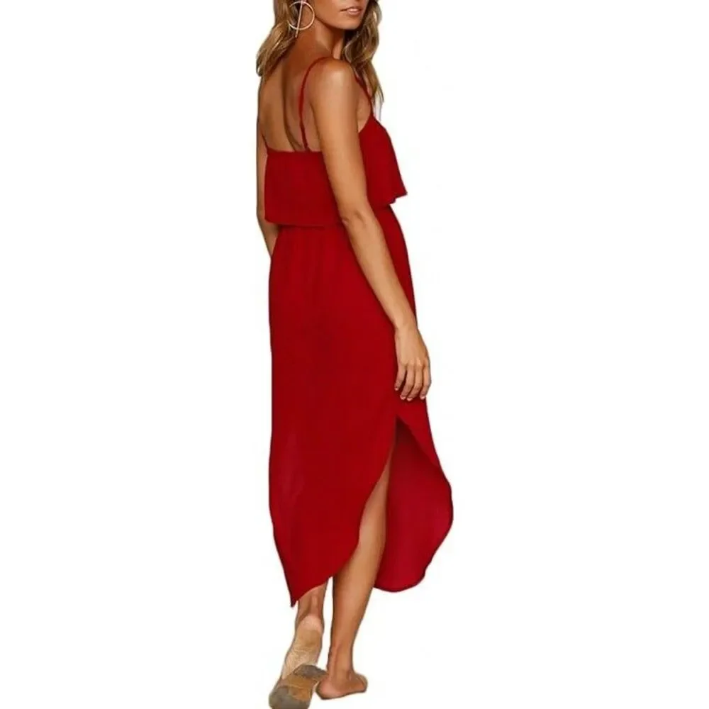 Women's Red Split Side Adjustable Strap Midi Dress Size M New With Tags - Picture 4 of 13
